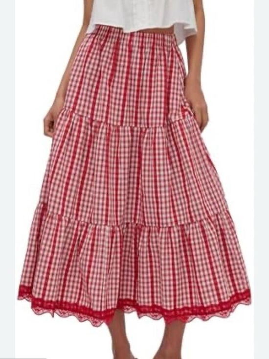 Cider Dresses & Skirts - Cider adorable Red gingham midi skirt with lace trim med
